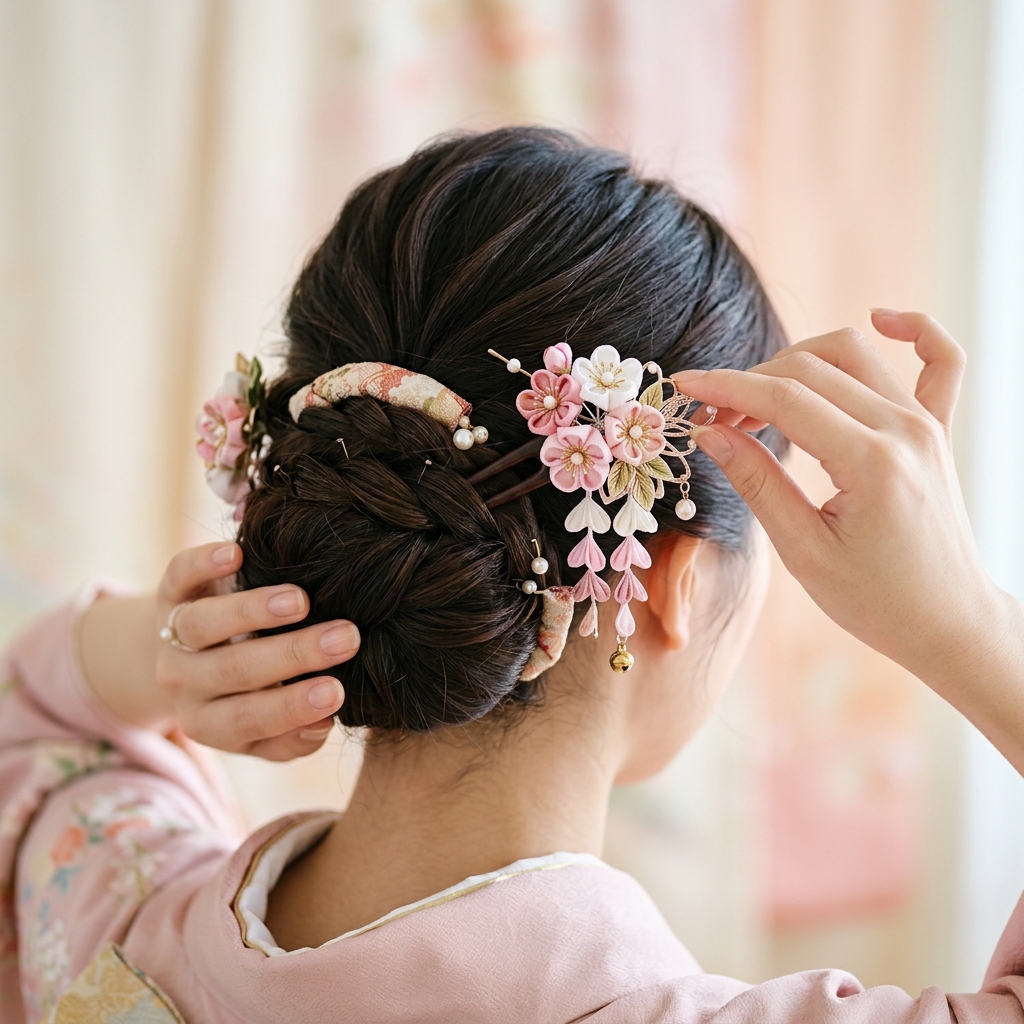 手ぐしで一本にまとめた髪にかんざしを差し込んでいる様子の手元のイラスト