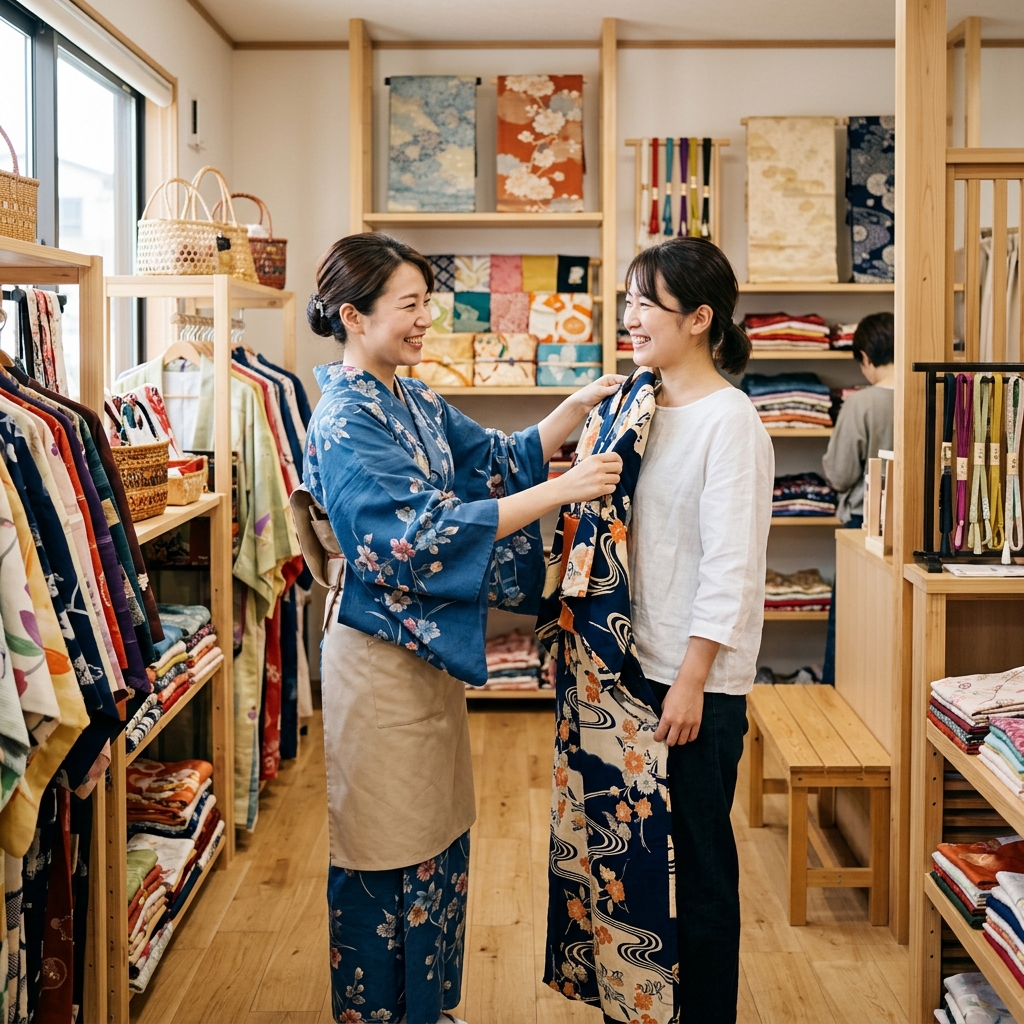 和モダンで整理整頓された明るいリサイクル着物専門店の店内で、スタッフが笑顔で客に中古浴衣をあててサイズを確認している接客の風景