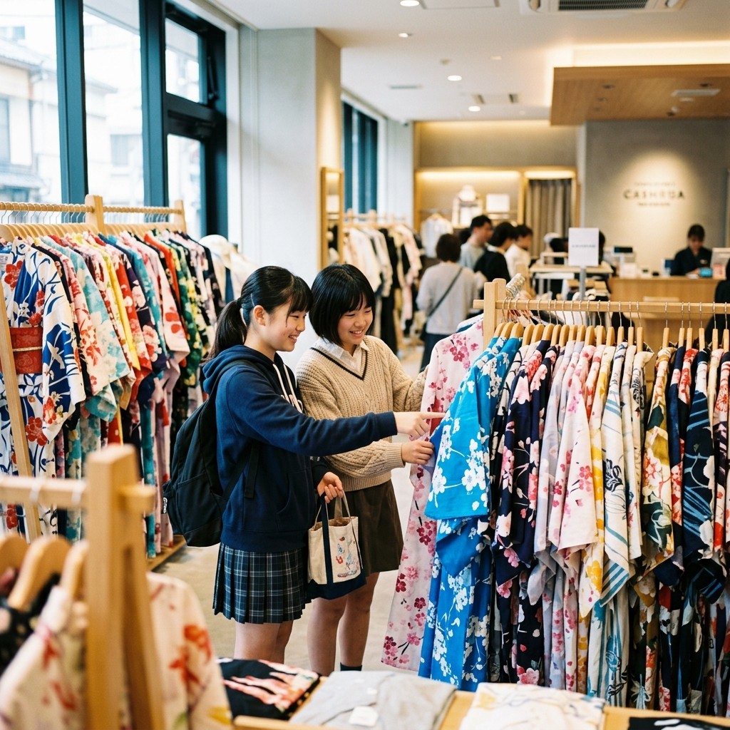 しまむらの店舗で楽しそうに浴衣を選んでいる女子中学生の様子のイラスト