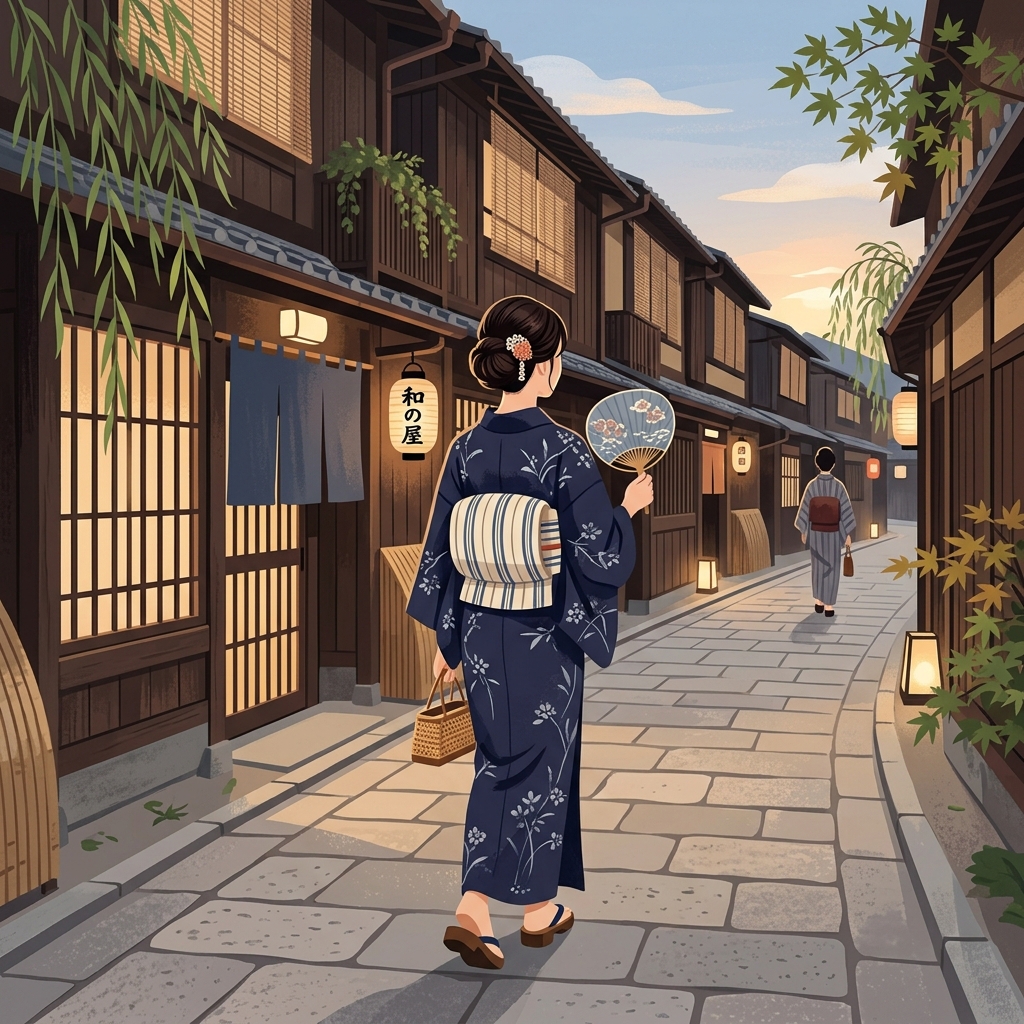 京都の古い街並みを浴衣姿で歩く後ろ姿のイラスト