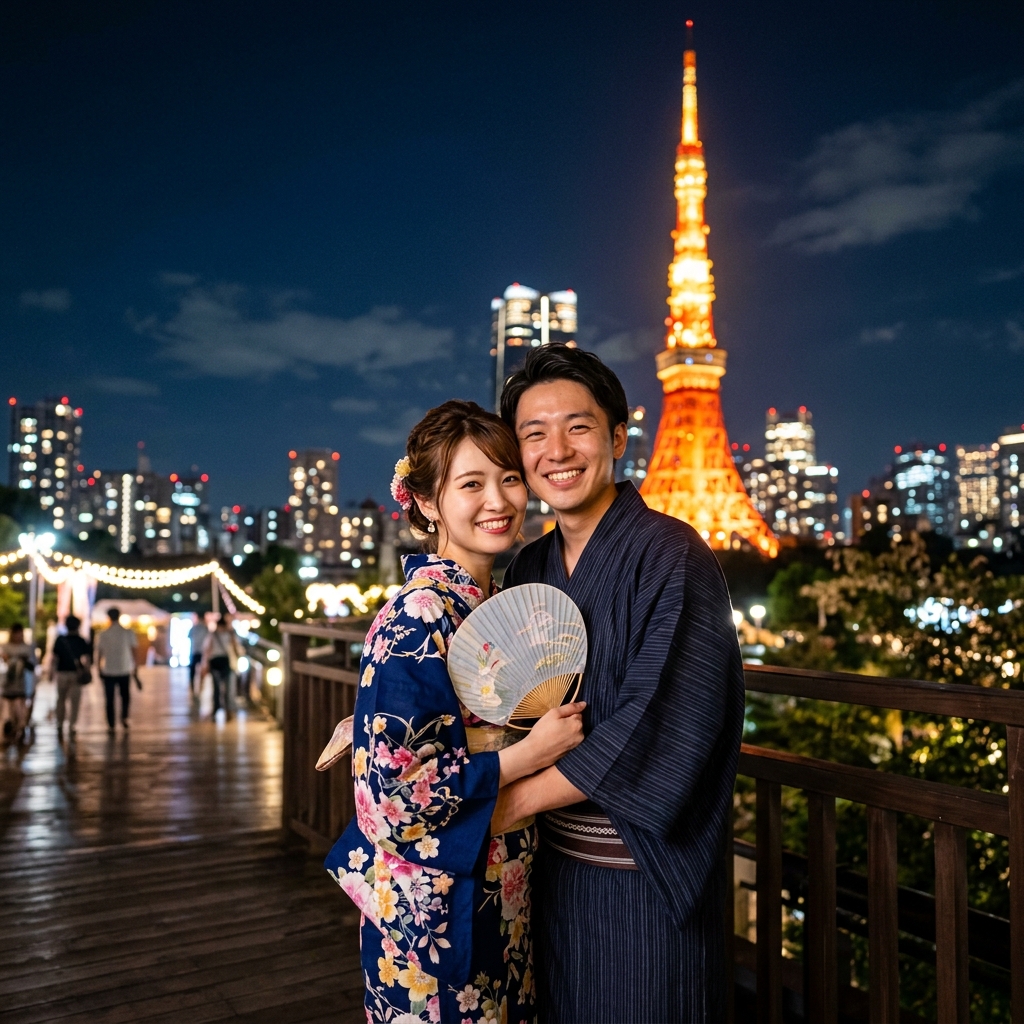 ライトアップされた夜の東京タワーをバックに浴衣を着たカップルが笑顔で並んで立っている素晴らしい記念写真