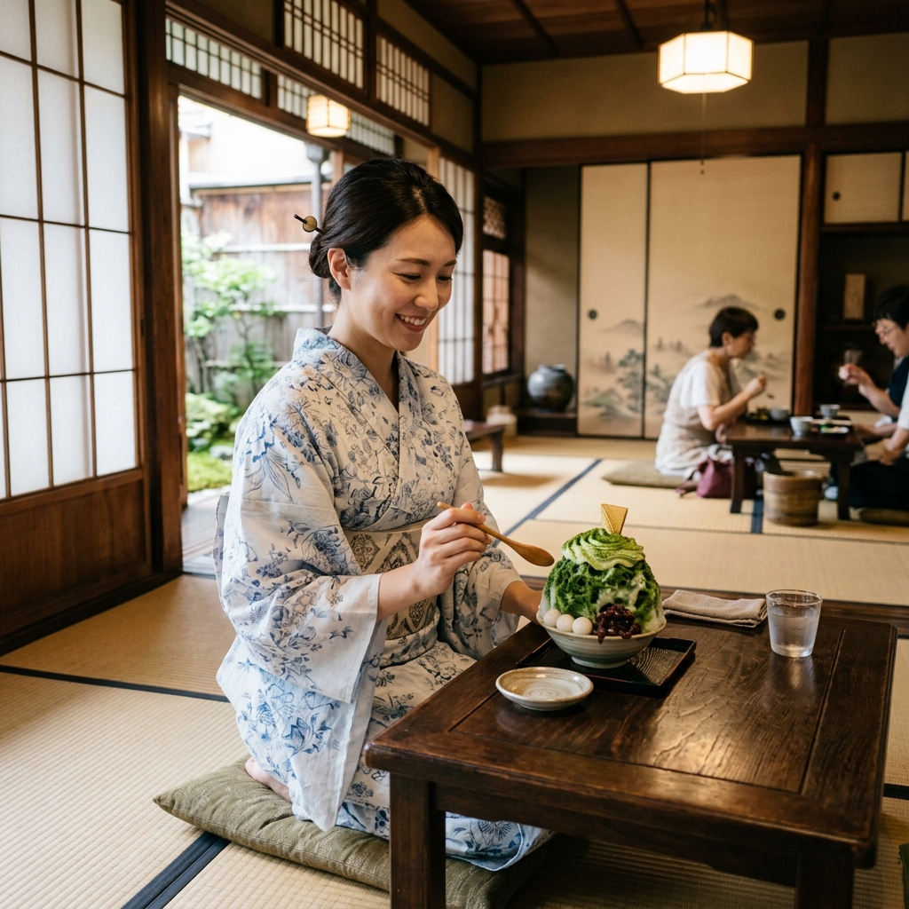 京都の町家カフェの畳の部屋で美味しそうな抹茶かき氷を前に夏着物姿で微笑む女性の様子