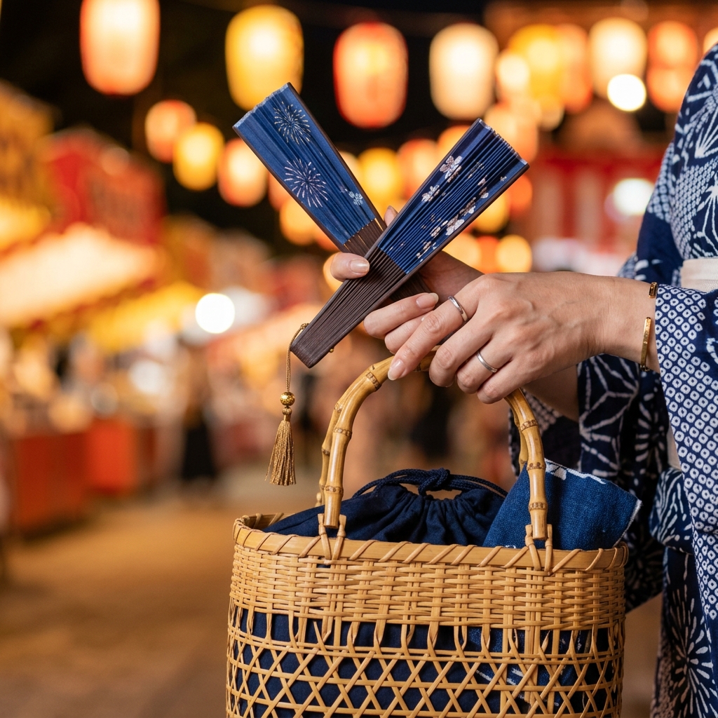 かごバッグや扇子など夏祭りらしい小物を合わせたおしゃれな私服スタイルの手元イメージ