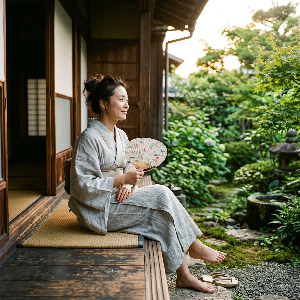 夏の普段着として涼しげな麻の着物をカジュアルに着こなしている様子