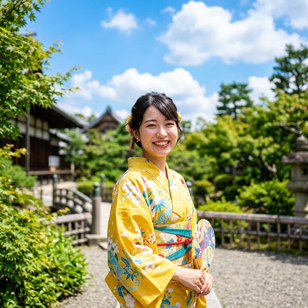 夏の青空の下で明るいイエローベースの着物を着て笑顔で見つめる女性