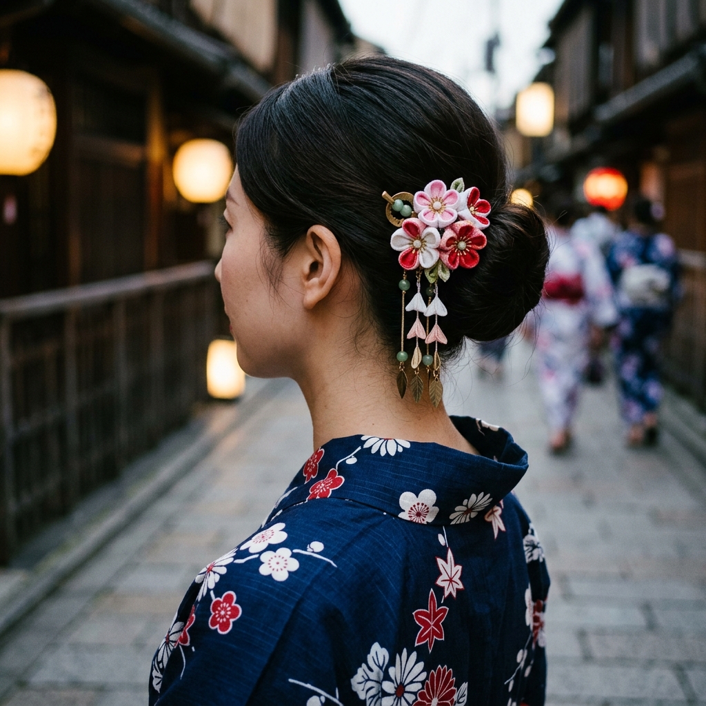 シニヨンお団子の斜め上の位置に美しく飾られたかんざしと浴衣の衿元のアップ