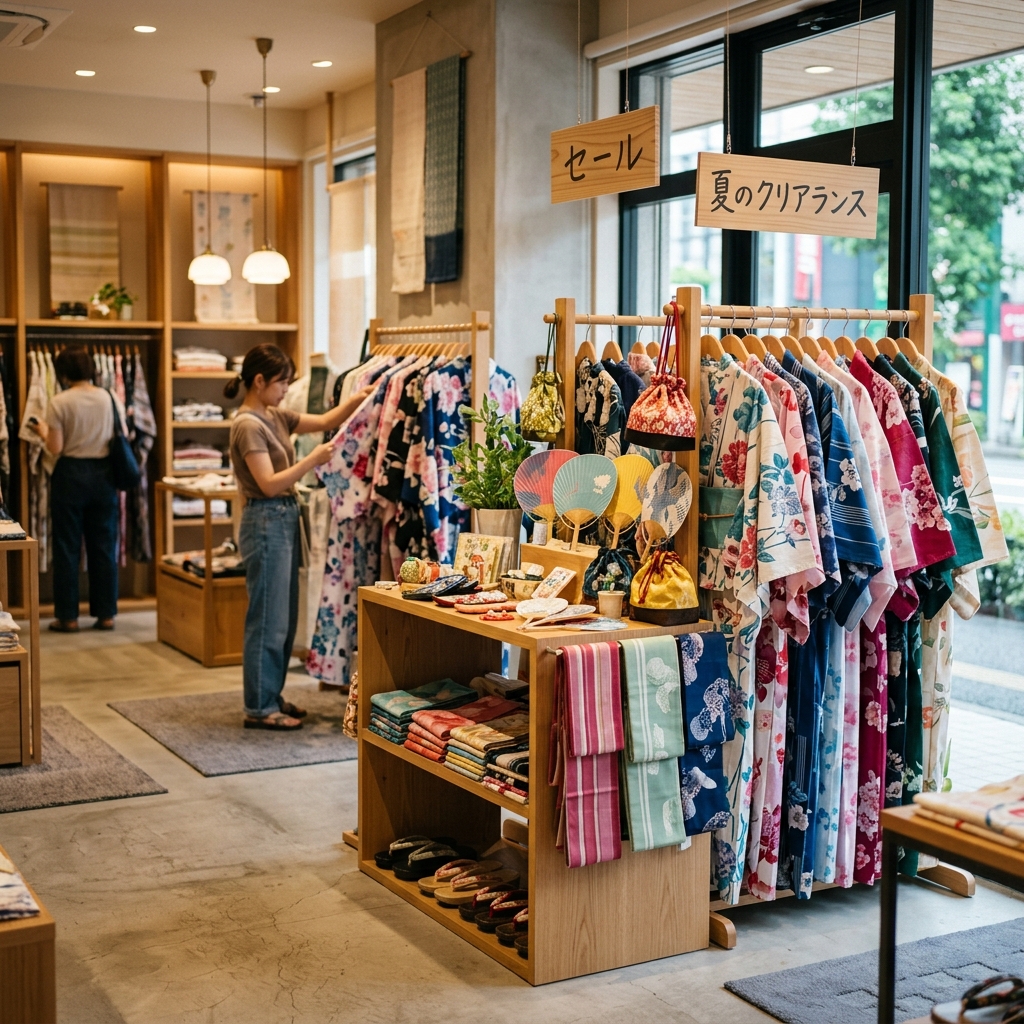 夏の終わりのしまむらの店頭で浴衣が値引きされて並んでいる様子のイラスト