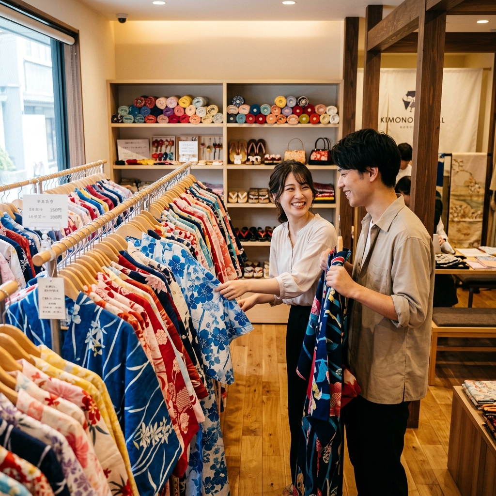 明るく清潔感のある和モダンなレンタル店舗の店内で、壁一面に並んだ色鮮やかな浴衣や小物を前にして、楽しそうに相談しながらお気に入りを選んでいるカップルのイラスト