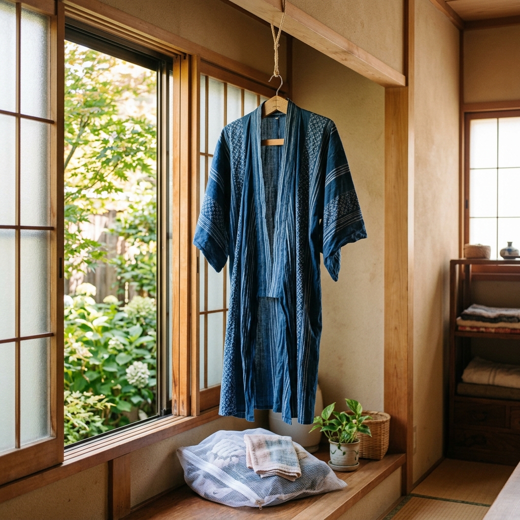 洗濯ネットに綺麗に折りたたんで入れられた綿の浴衣と、陰干しのために専用の着物ハンガーに吊るされて風に揺れている様子を窓際で撮影した写真
