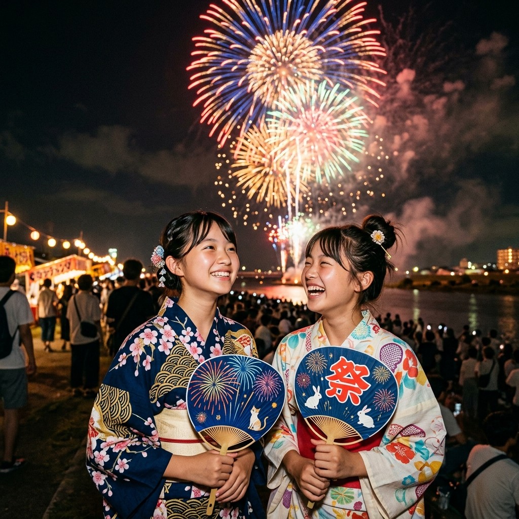 上品な古典柄の浴衣を身にまとって花火大会を楽しんでいる中学生の女の子たちのイラスト