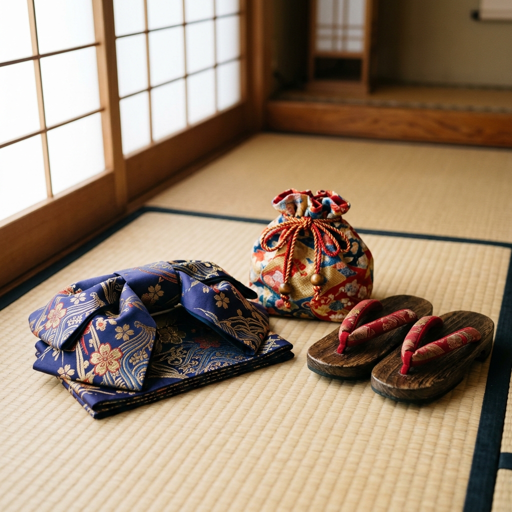 畳の上に綺麗に整えられた巾着袋や下駄、美しく畳まれた半幅帯などの和装小物