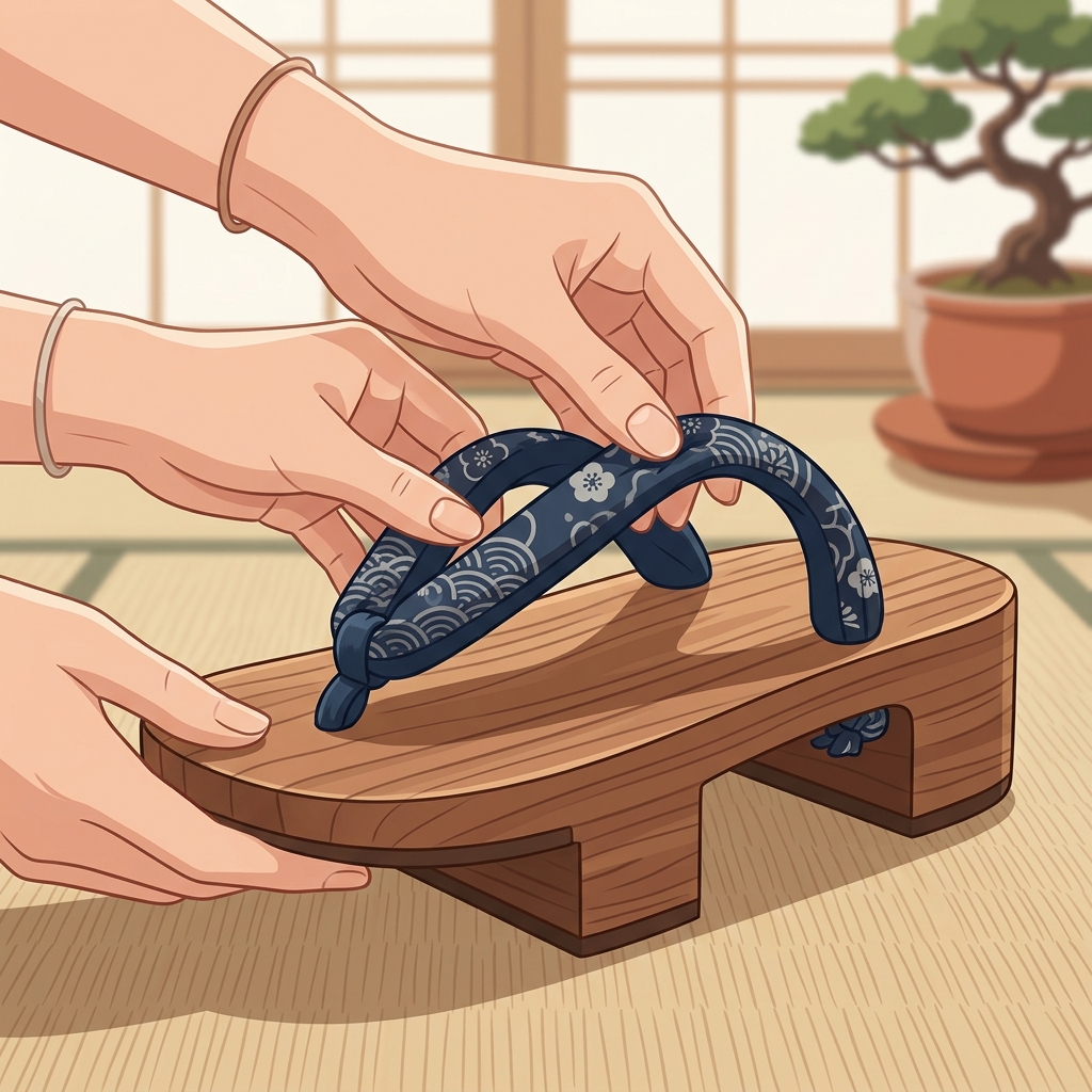 下駄の鼻緒を優しくほぐして履きやすく調整している様子のイラスト
