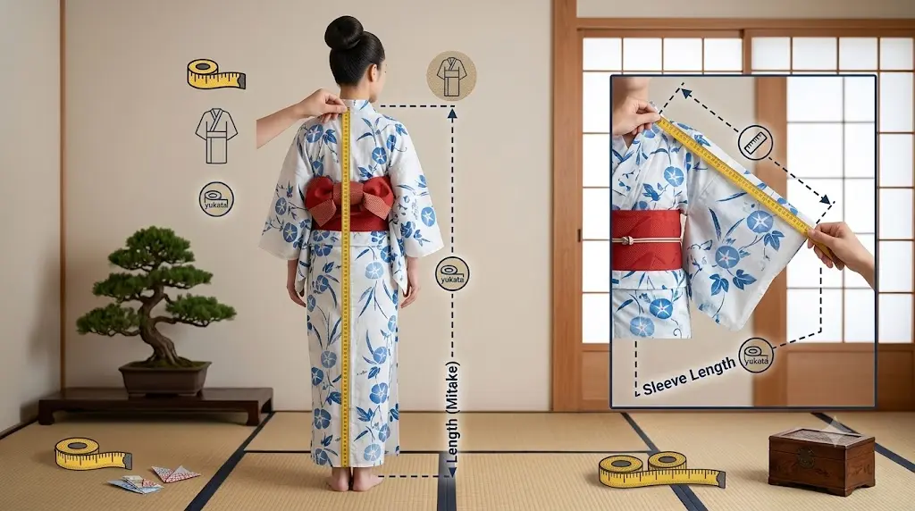 メジャーを使って着物の身丈と裄丈を測定している様子と、サイズ計測時の目安となる身体の部位（首の付け根から手首の骨まで）を示す分かりやすい図解イラスト