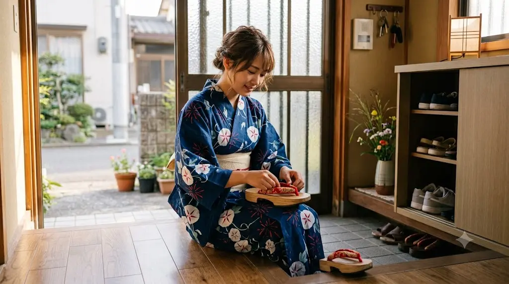 下駄の鼻緒を優しくほぐして履きやすく調整している様子