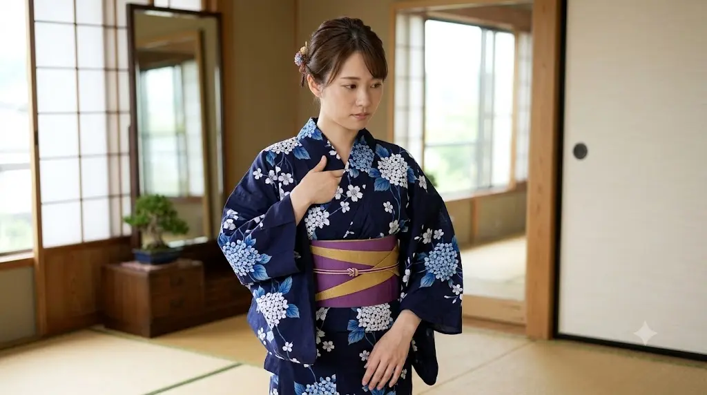 浴衣の正しい衿合わせを確認するために右手を胸元に入れている女性のイラスト