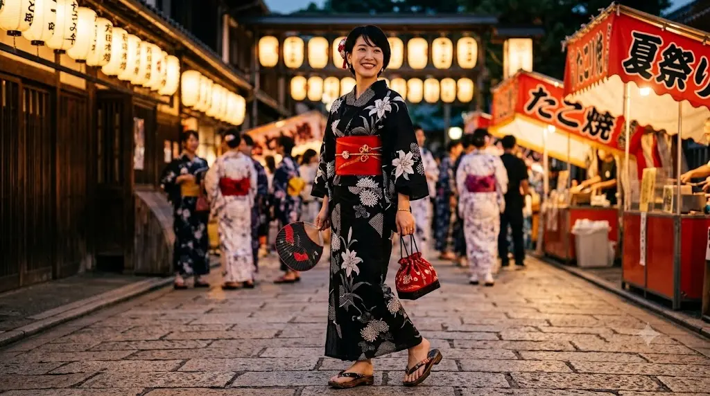 白と赤の二部構成でコーディネートされた伝統的な紺色浴衣のスタイル