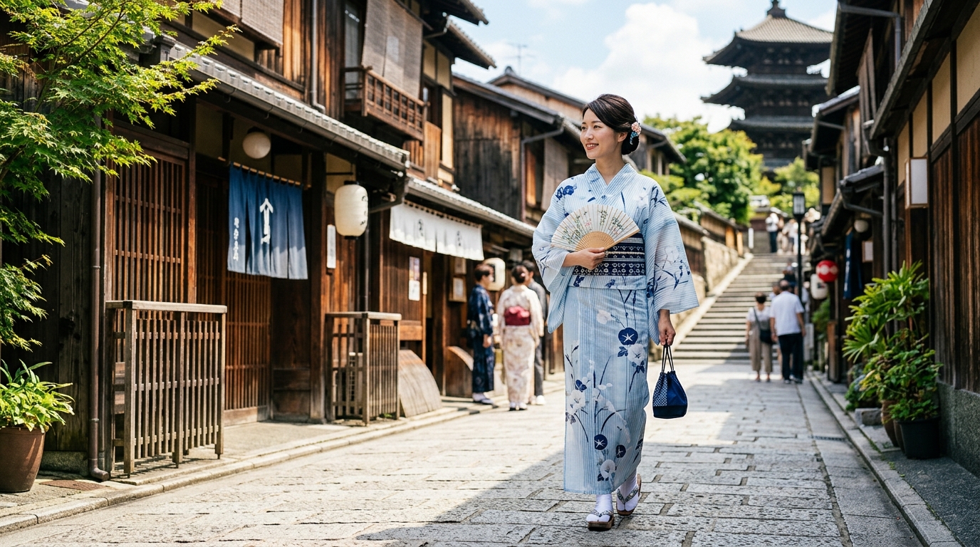 涼やかな東レシルック夏着物で夏の街並みを歩く女性