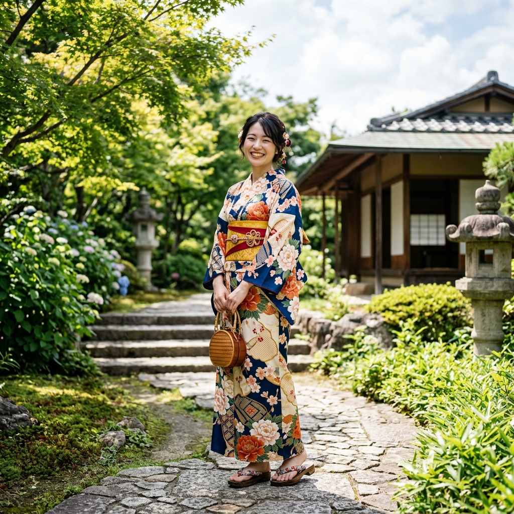 トレンド感あふれるDitaのおしゃれな浴衣セットを身にまとった20代女性の笑顔のイラスト