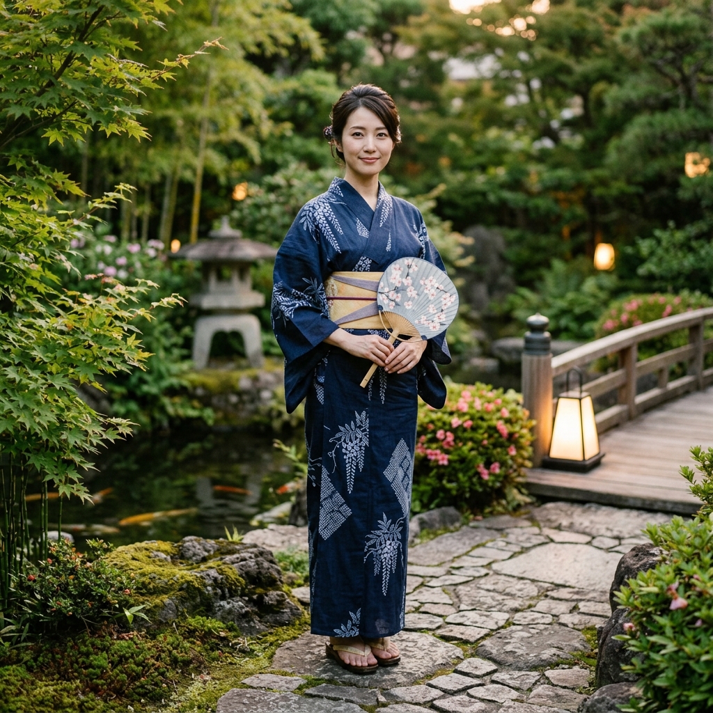 涼しげな綿麻素材の浴衣を着て、団扇を手にたたずむ30代の落ち着いた女性の様子