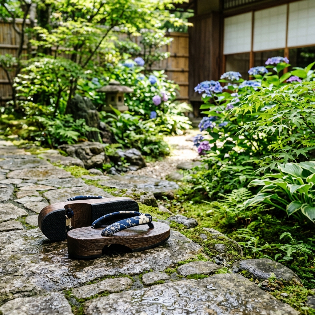 履きやすい右近型の下駄を履いて夏祭りを楽しむ女性の足元のイラスト