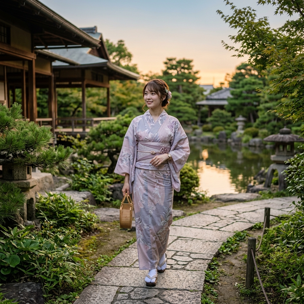 トレンドのくすみカラーの浴衣を着て日本庭園を歩く上品な女性のイラスト