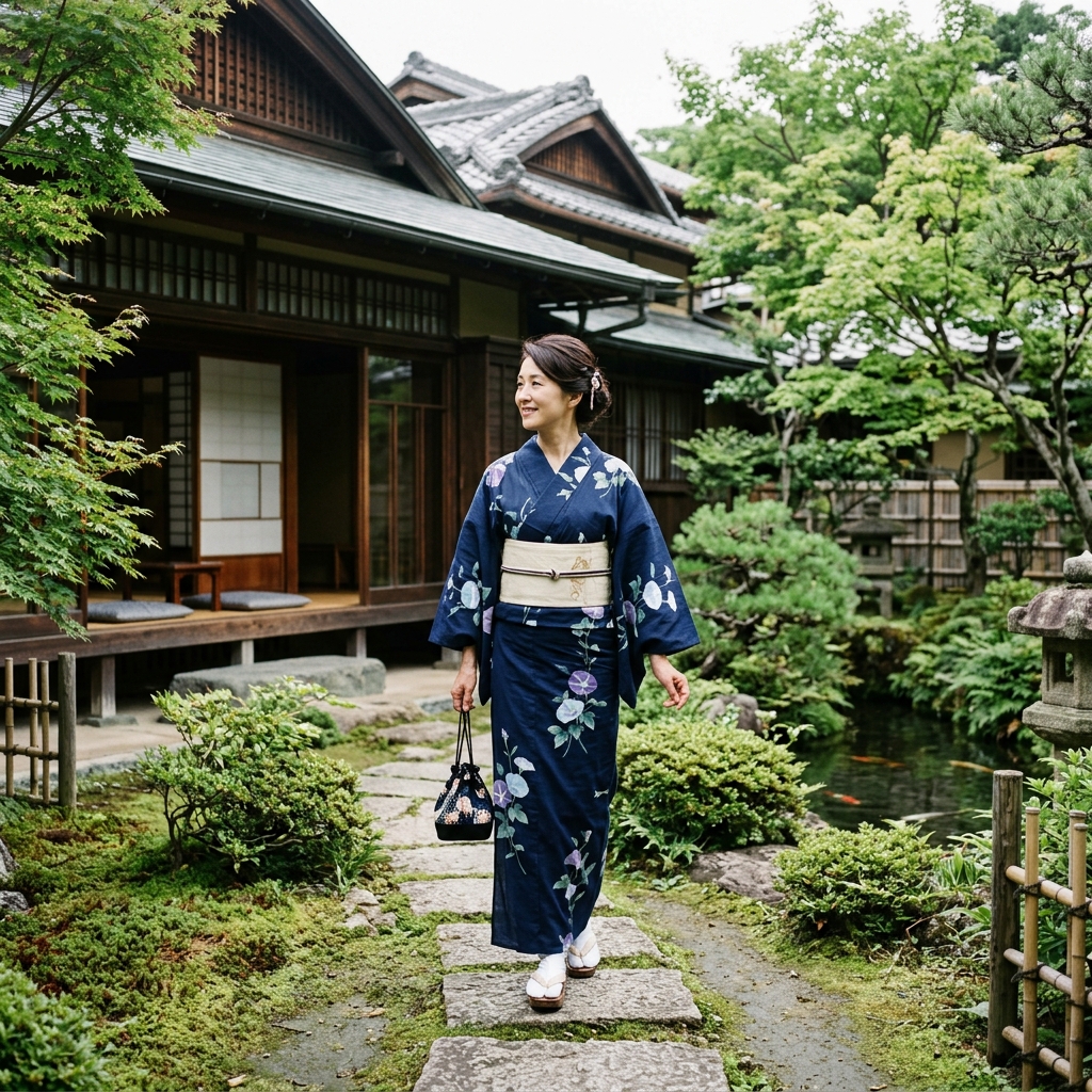 紺地に余白を持たせて描かれた上品な朝顔柄の浴衣を着た50代女性の立ち姿