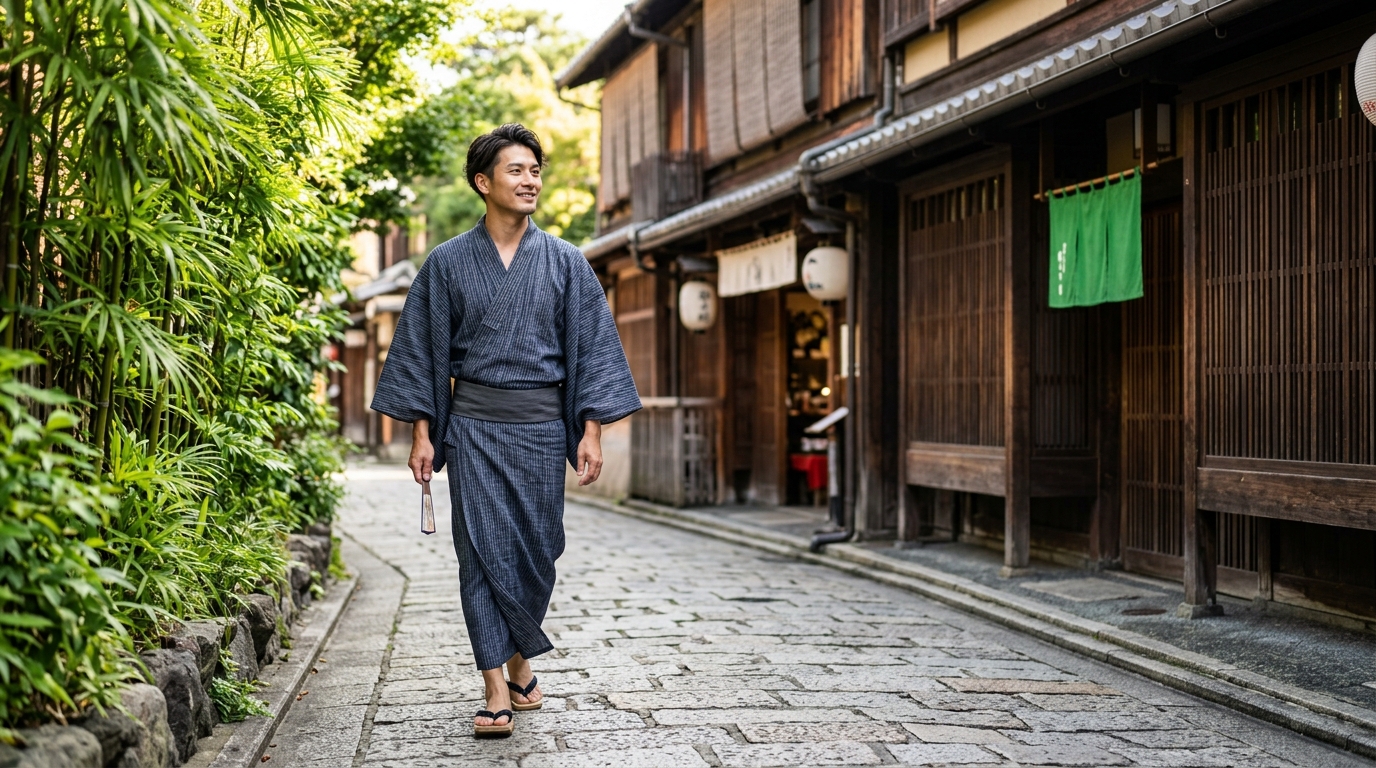 涼しげな麻の夏着物を粋に着こなして京都の町並みを歩く日本人男性のイラスト