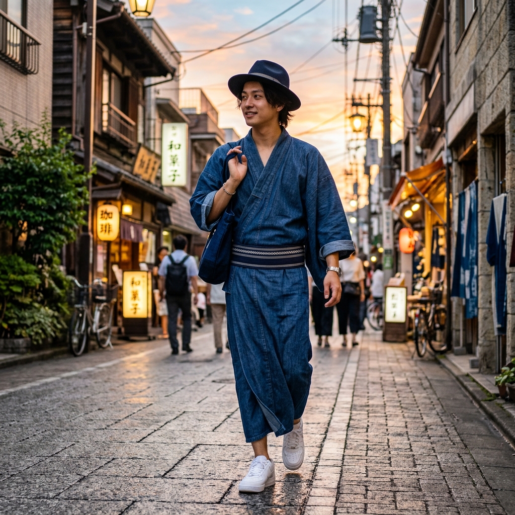 インディゴブルーのデニム浴衣を身にまとい、スニーカーとハットを合わせたカジュアルなメンズスタイルの全身写真