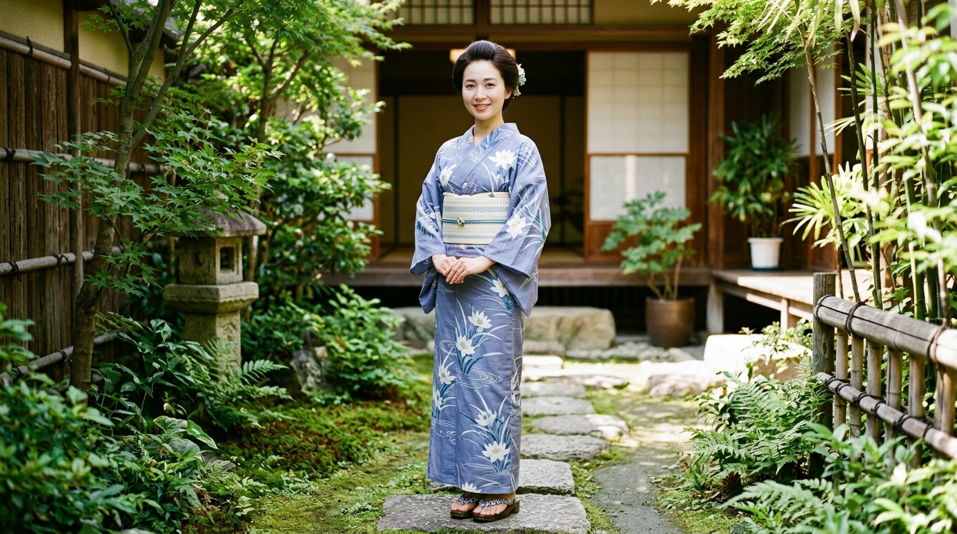 爽やかな夏着物に透け感のある夏帯とおしゃれな帯留めを合わせた和装コーディネート