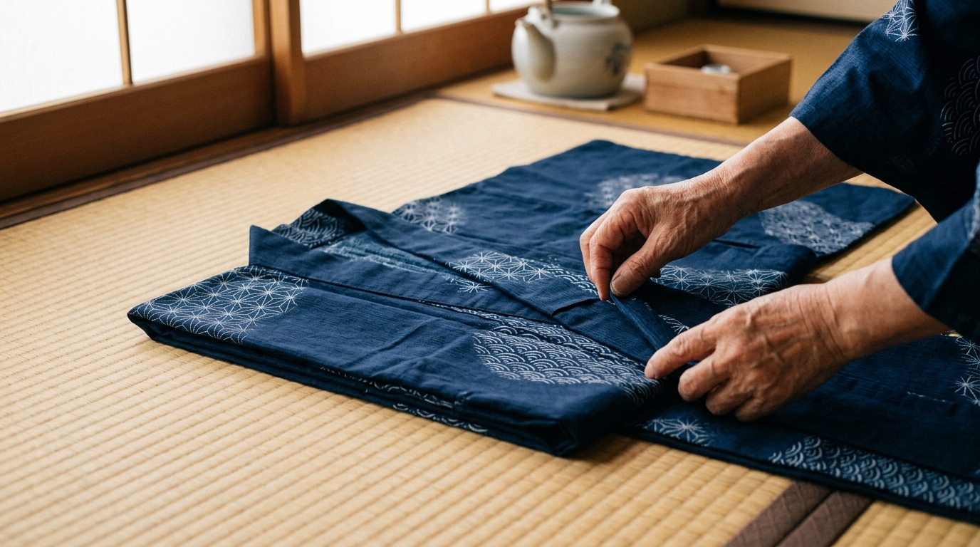 丁寧に浴衣を本だたみで平らに整えながら折る様子