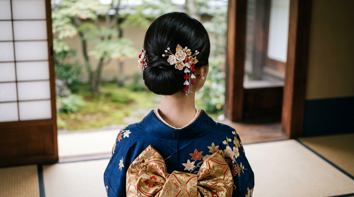 ミディアムヘアを美しくまとめた上品な低めシニヨンスタイル