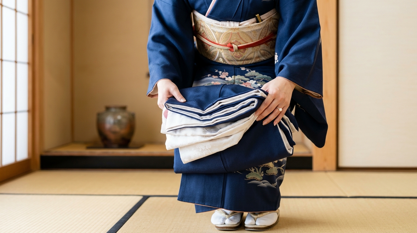 着物と長襦袢の裾を順番にめくり上げて保持する様子