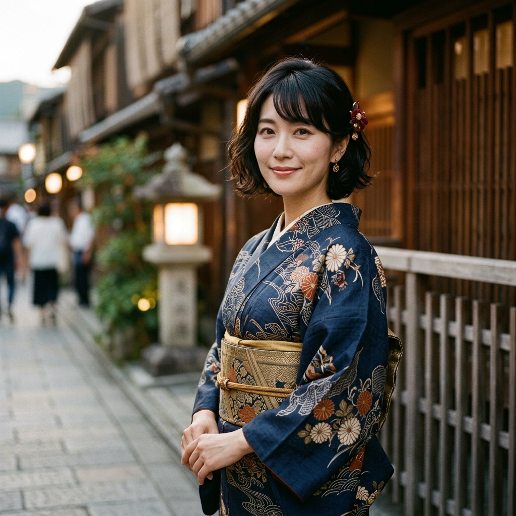 アンティーク風のシックな浴衣を身にまとい、モダンなヘアスタイルをした女性のポートレート
