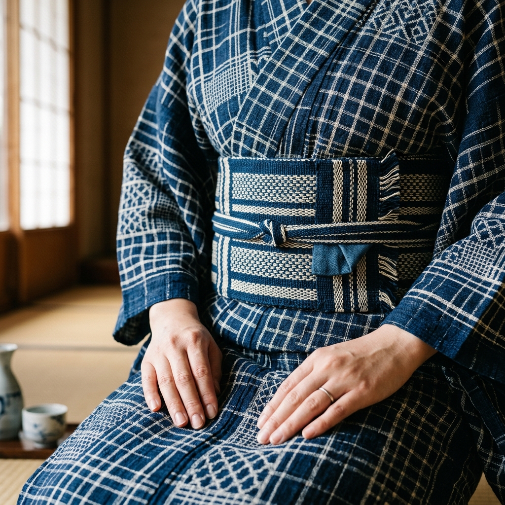 綿麻素材のシックな格子柄浴衣と落ち着いた半幅帯のコーディネート