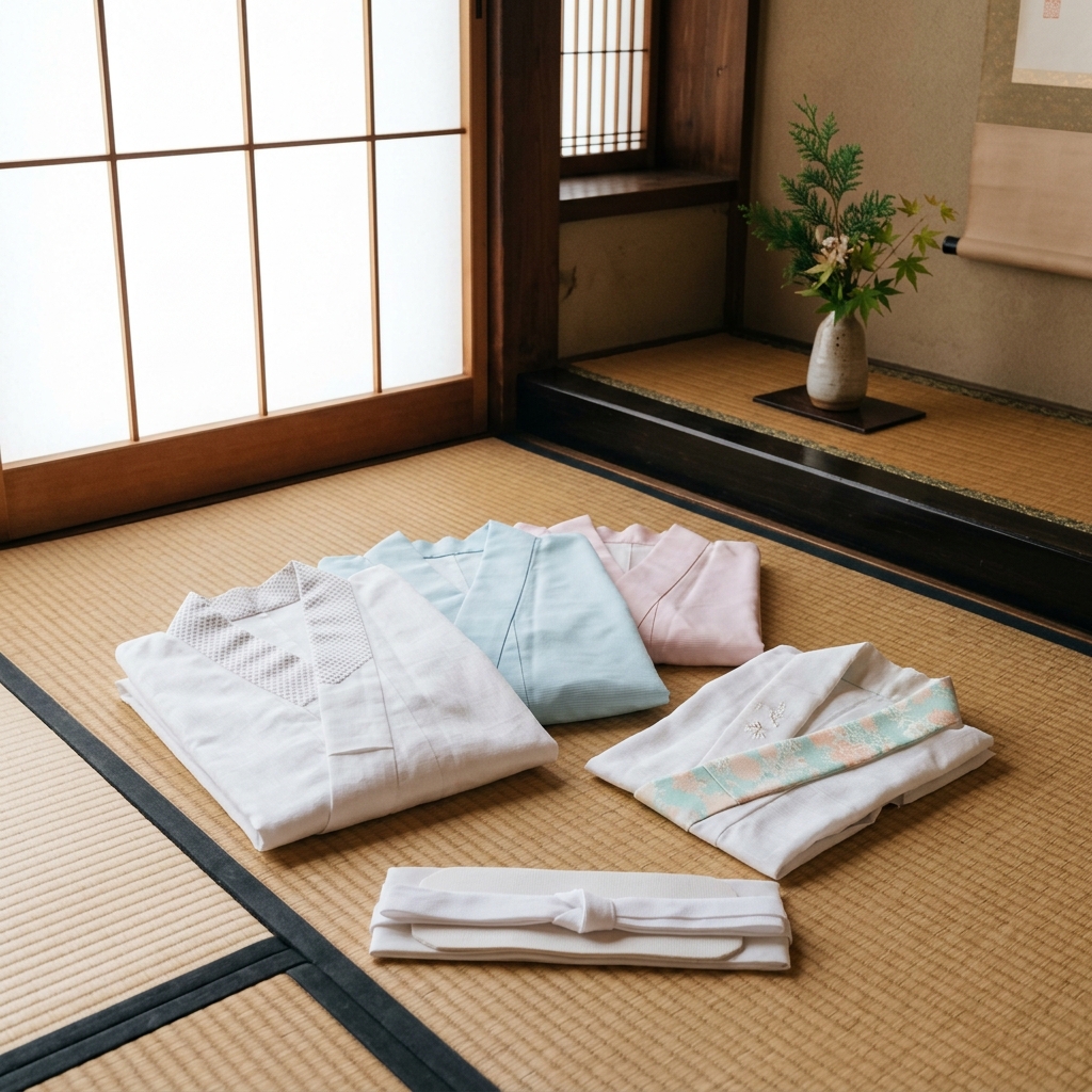 畳の上に整然と並べられた夏用の半襦袢とうそつき襦袢のセットアップ