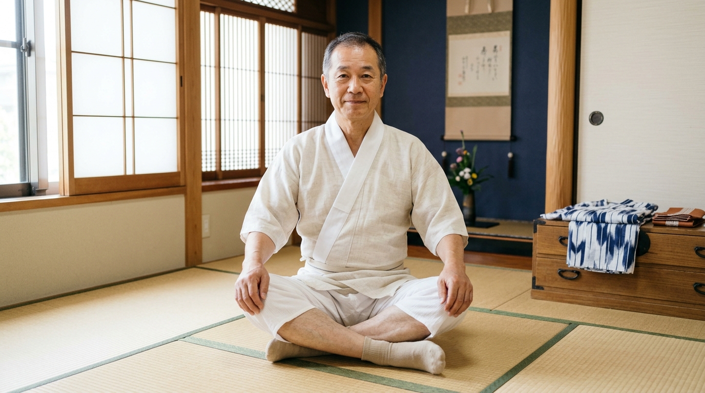 夏着物に合わせて快適な麻の半襦袢とステテコを着用する男性の様子