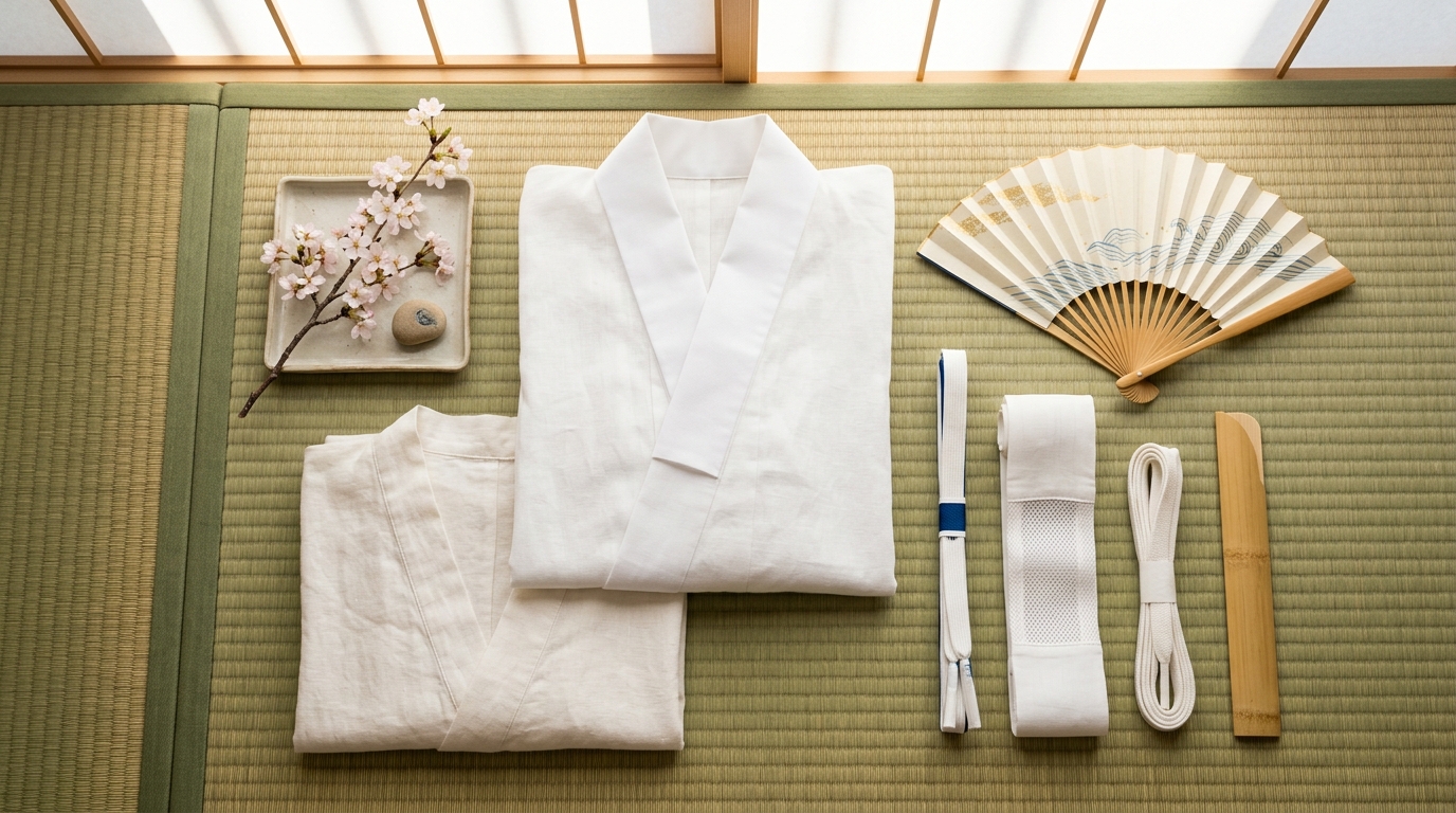 通気性の良い夏用長襦袢や半衿と涼感着付け小物の平置きレイアウト