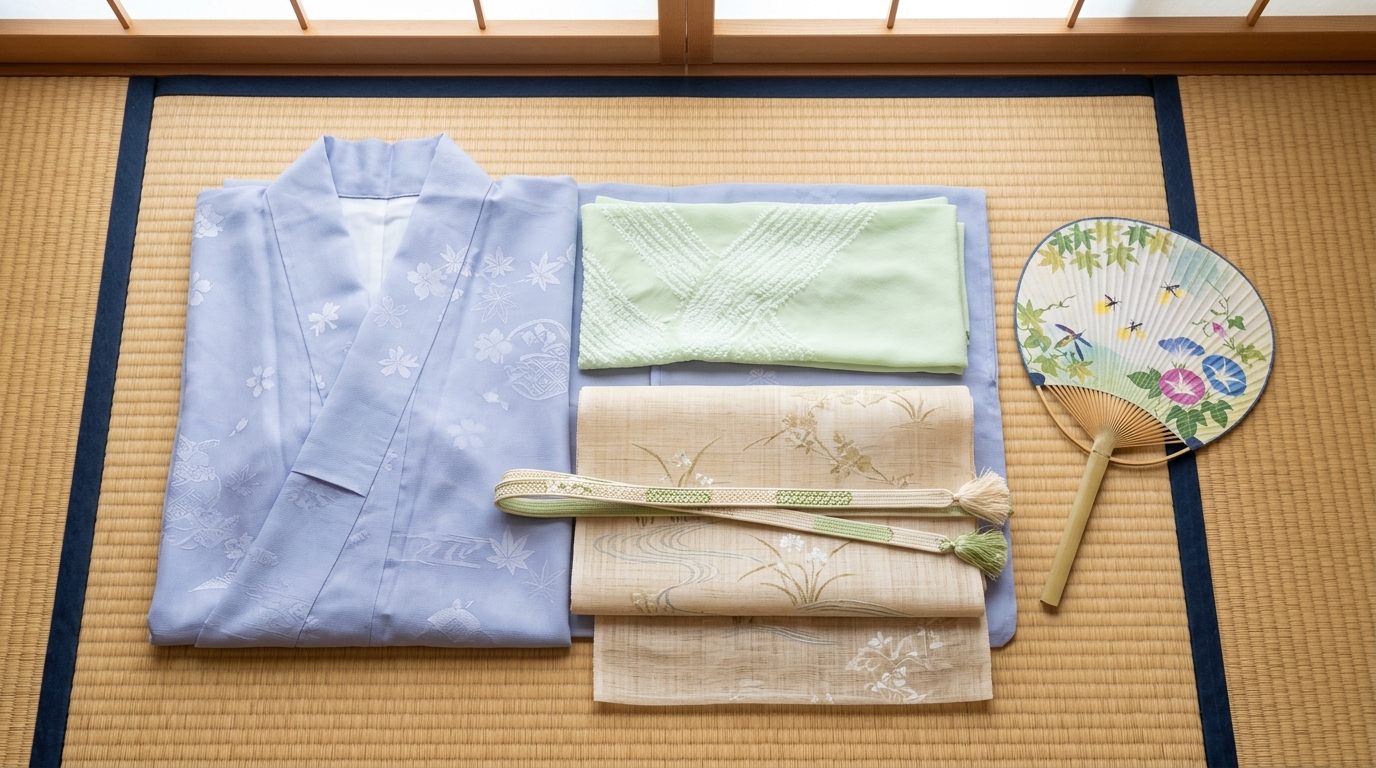 夏帯や小物と組み合わせた上品な東レシルック夏着物コーディネート