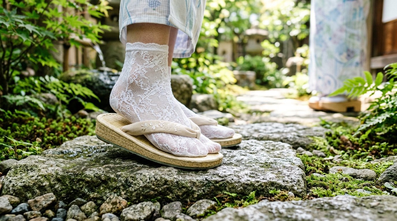 レース足袋と涼やかな夏草履の足元コーディネート
