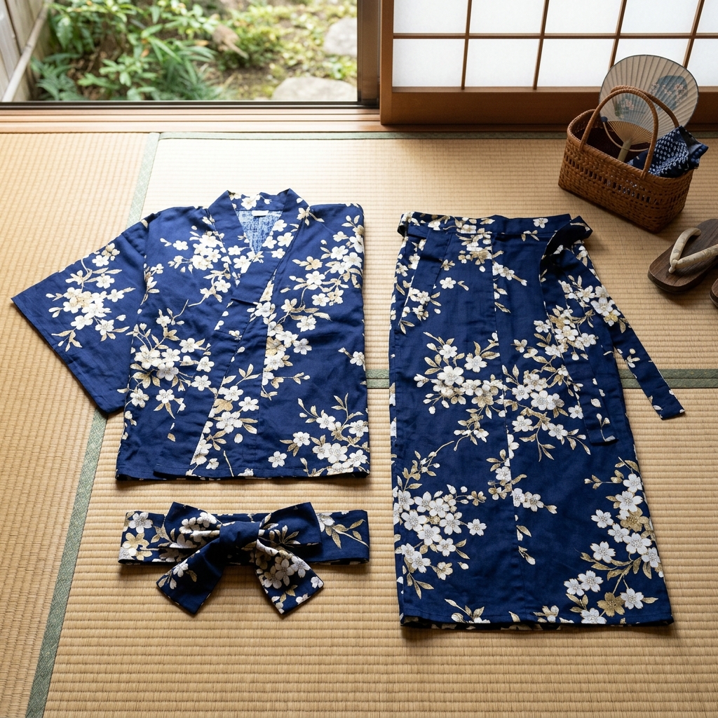 上下がセパレートになっており巻きスカートのように簡単に一人で着付けができるセパレート浴衣の構造イラスト