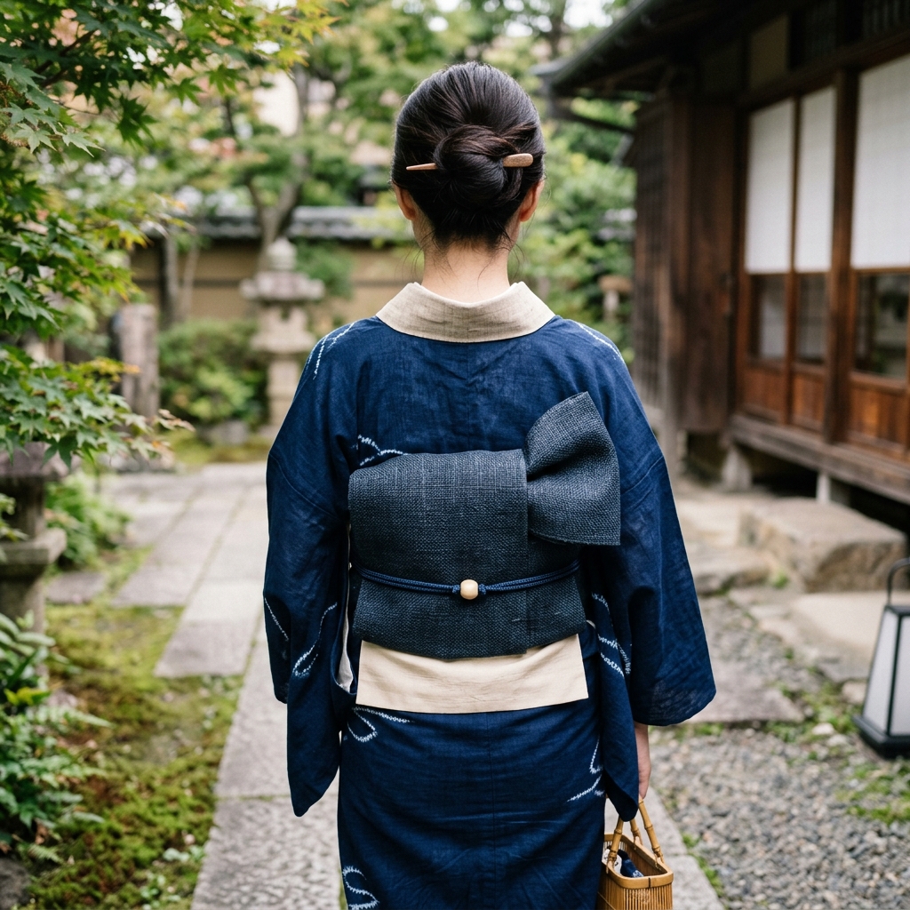 浴衣の背面に、落ち着いた麻の素材感のある帯が美しく結ばれている大人の後ろ姿