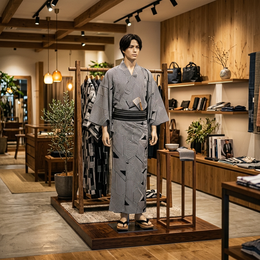 セレクトショップの店内に飾られた、モノトーンの幾何学模様がおしゃれなモダンメンズ浴衣の展示ディスプレイ