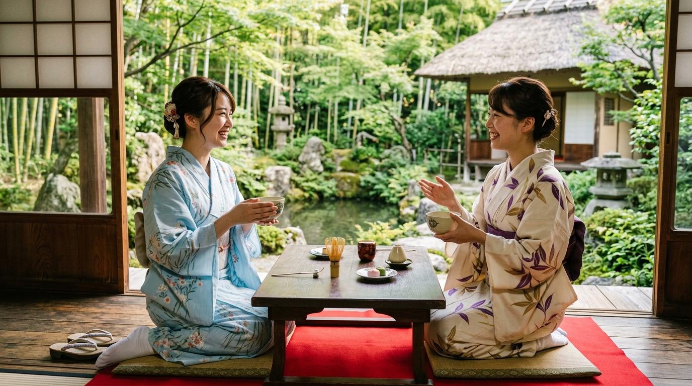 風情ある日本家屋の縁側で抹茶を楽しみながら談笑する単衣や夏着物姿の女性