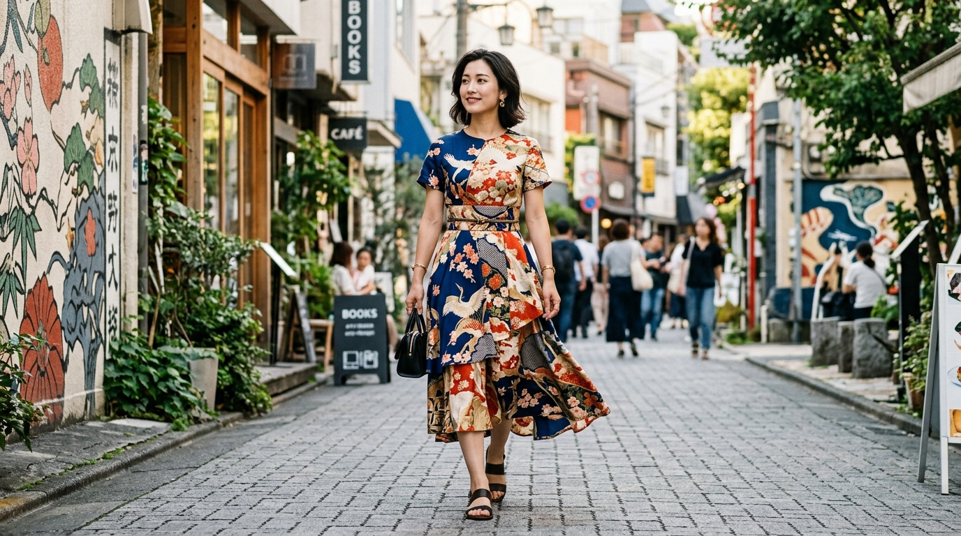 完成した着物リメイクの服をおしゃれに着こなす街歩きスタイル