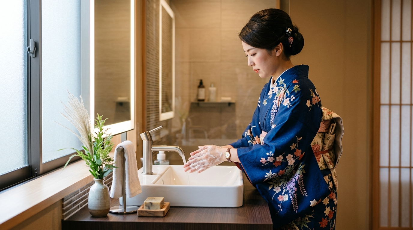 着物姿で落ち着いて水はねに気をつけながら手を洗う様子