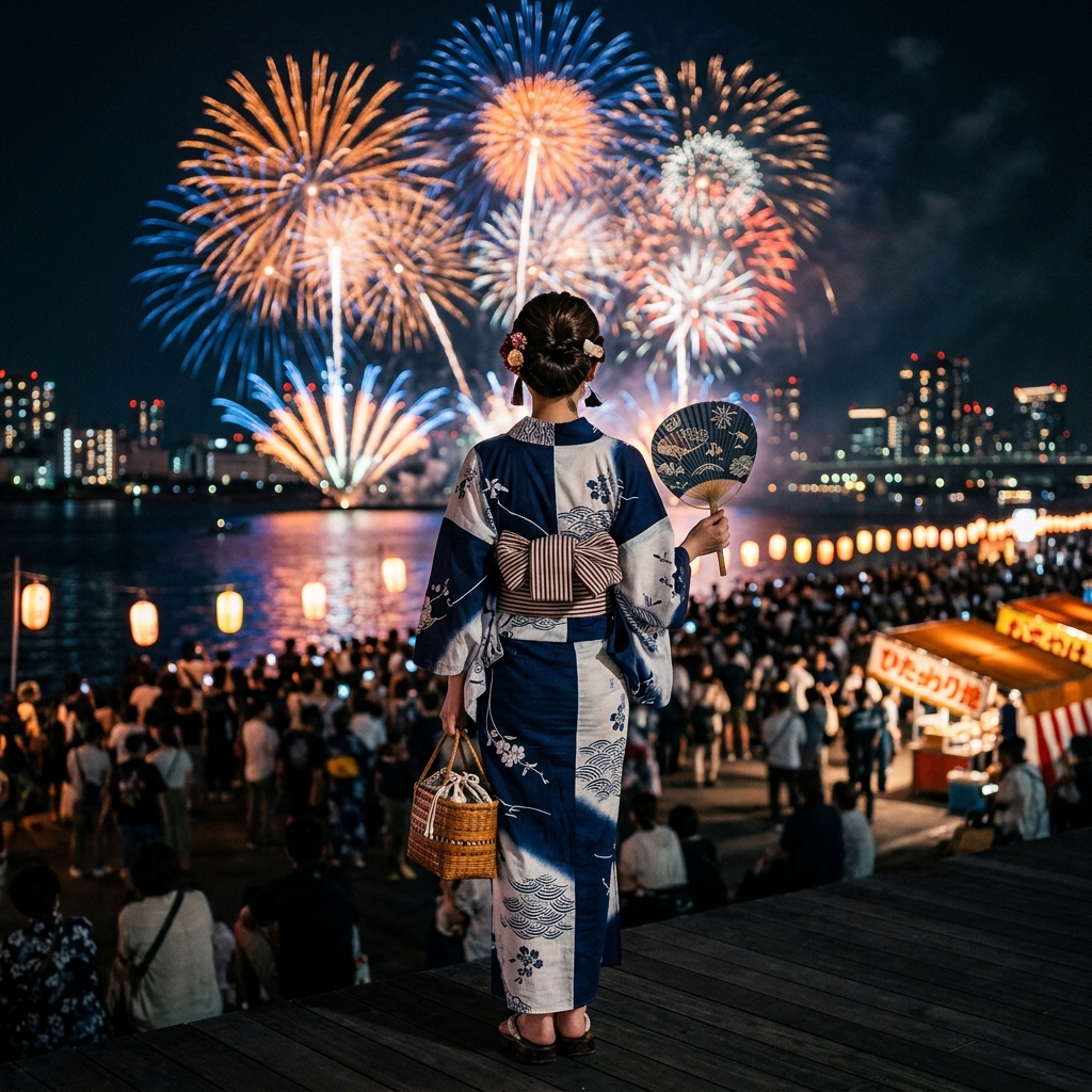 夏の夜市で涼しげな浴衣姿に竹かごバッグとうちわを持った女性の後ろ姿イラスト