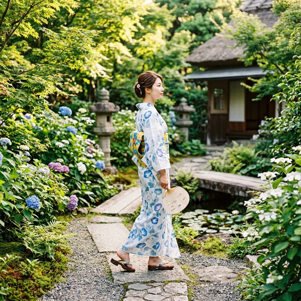 爽やかな夏着物に美しい夏帯を締め、涼しげに夏のお散歩を楽しむ美しい和装スタイル