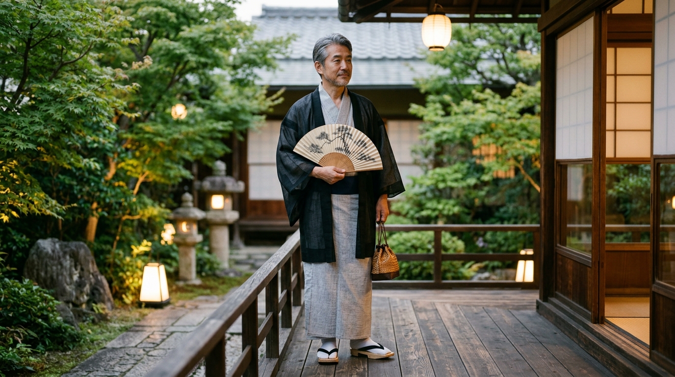 夏の夕暮れに透け感のある薄物羽織を羽織り信玄袋と扇子を持つ和装男性