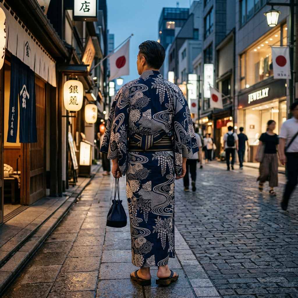 高級な竺仙のコーマ地浴衣を美しく着こなし、銀座の街並みに佇む大人の男性の品格ある後ろ姿