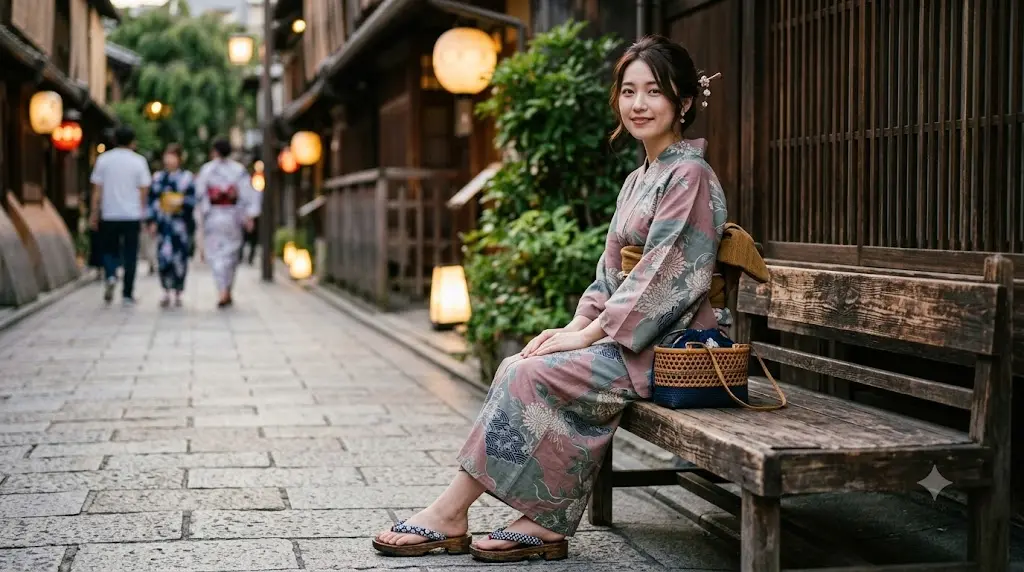 utataneのくすみニュアンスカラーのレトロな浴衣を着てアンティークな木製のベンチに腰掛ける女性のイラスト